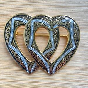 Spanish Damascene double open heart brooch signed Spain goldtone and silvertone